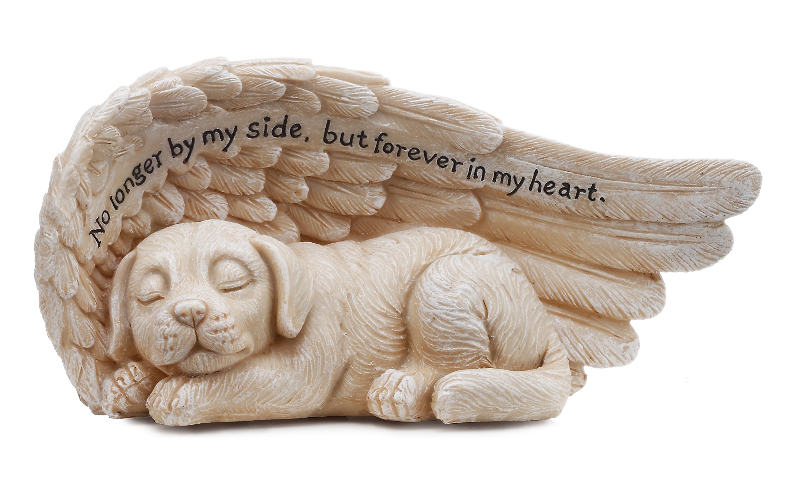 Sleeping dog figurine with angel wings and memorial text