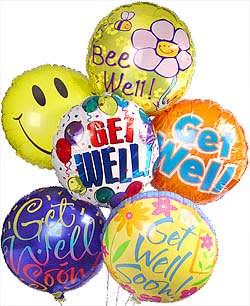 Cluster of colorful get-well balloons with cheerful messages