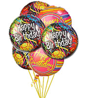 Cluster of colorful birthday balloons with printed messages