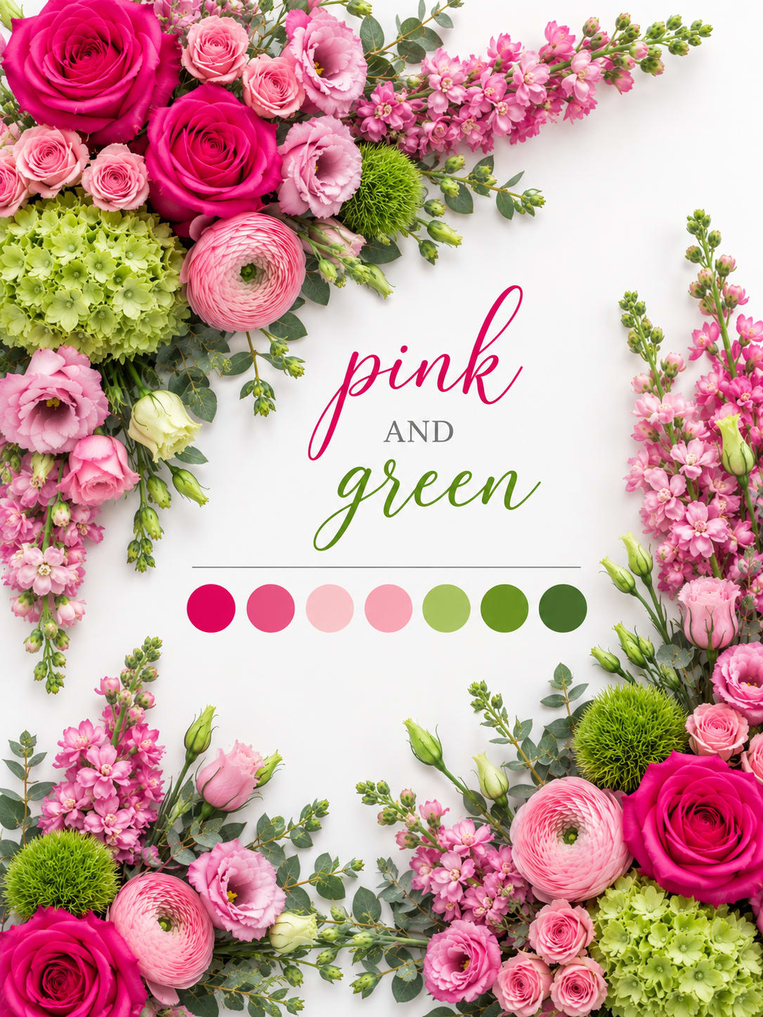 Pink and green floral arrangement with roses, ranunculus, and lisianthus