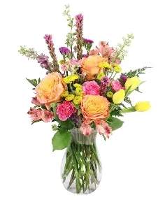 Vibrant Kaleidescope FSN - Beautiful clear vase filled with bright spring colors sure to brighten up the day!