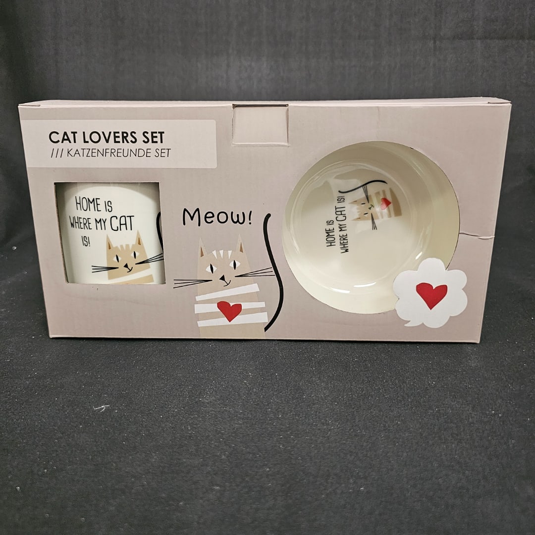 Cat-themed mug and bowl gift set in a retail box