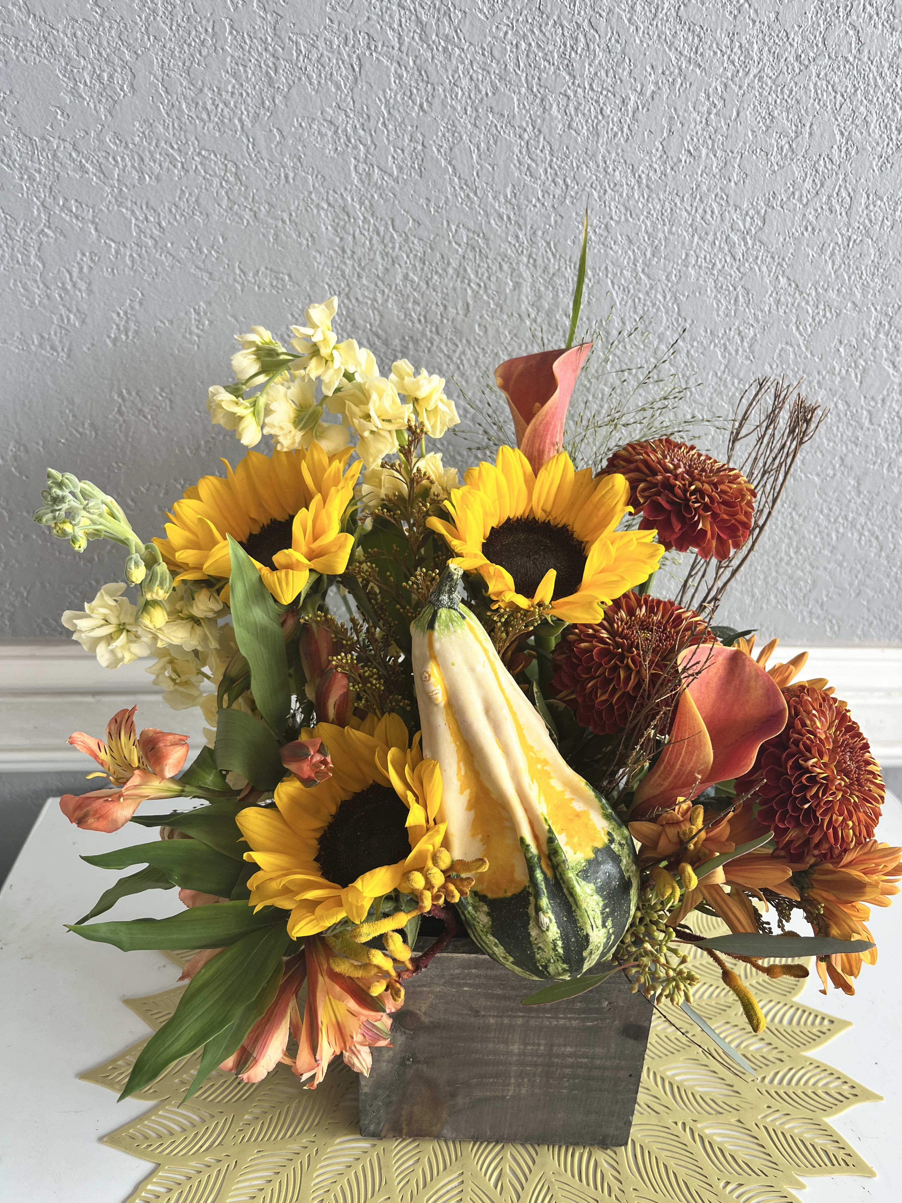  Fall sunflowers - sunflowers with other fall flowers and a real pumpkin 