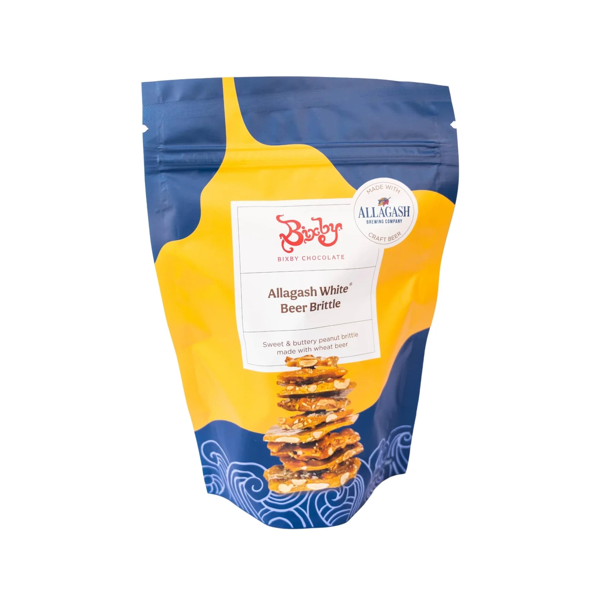Bixby Allagash Peanut Beer Brittle - Delicious Beer Brittle-- Buttery, crunchy, nutty goodness in every bite. Allagash Sixteen Counties Chipotle Peanut Brittle: This peanut brittle is for the adventurist who enjoys a bit of spice and heat. Featuring the iconic Allagash Sixteen Counties beer (brewed with 100% Maine-grown grain). The brittle has a dash of chipotle and Maine Sea Salt for a mouthwatering experience. Allagash White Peanut Brittle: Made with the famous Belgian-style Allagash White beer, peanuts, and a hint of Maine Sea Salt. Light and mellow with pleasing tones of malt, hops and Chocolate. Allagash Nibby Stout: Made with Allagash North Sky Stout, this brittle has our Bixby nibs and mix of nuts. 