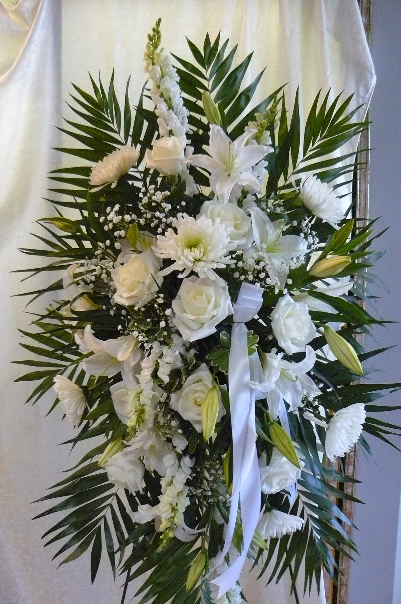 All White Sympathy Spray     (Click on Picture for Best View) - White Lilies, White Cremons, White Roses, White Spider Mums