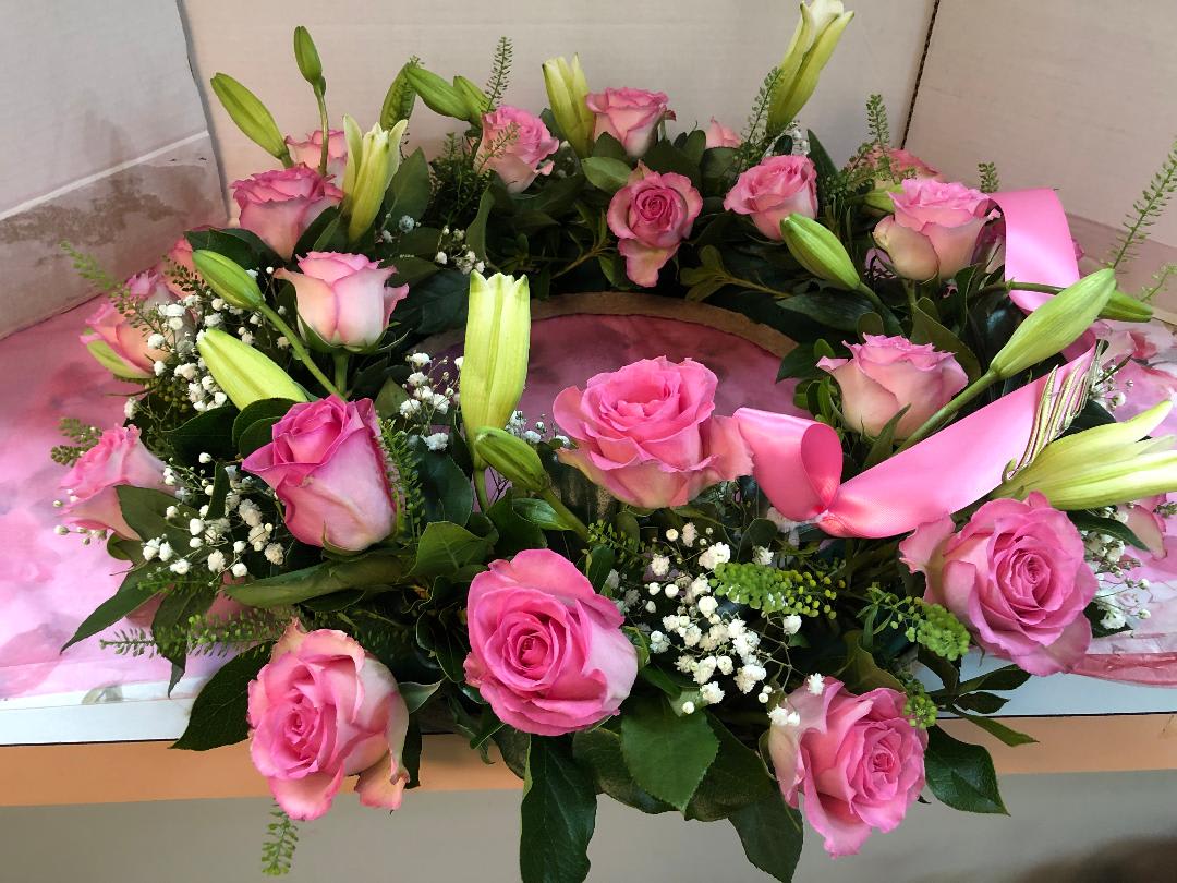 Rose &amp; Lily  Urn Wreath / Centerpiece - Roses, Hybrid Lilies, Pennycress, Babies Breath, Fancy Greens
