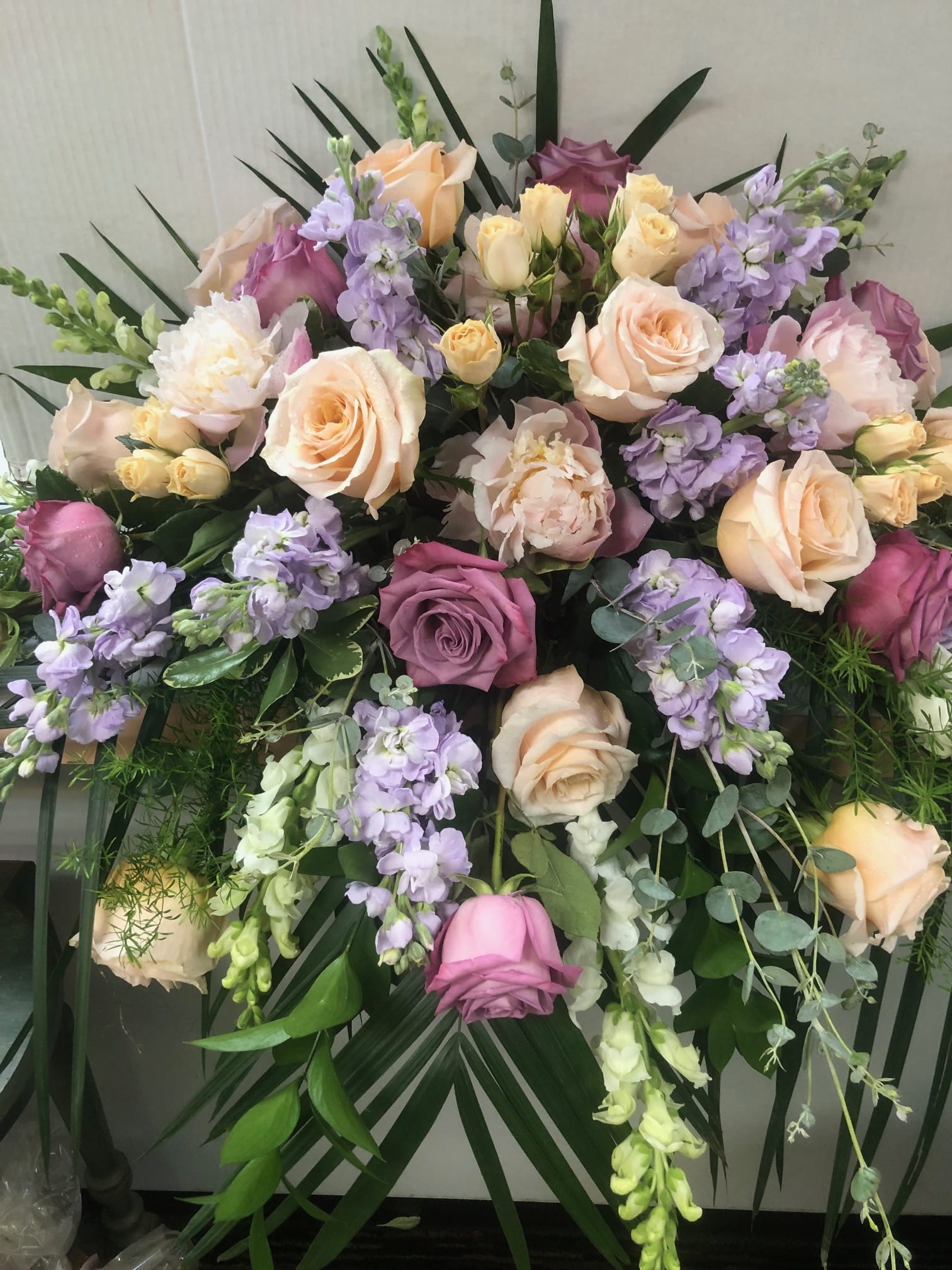 Large pastel bouquet of roses and lavender flowers