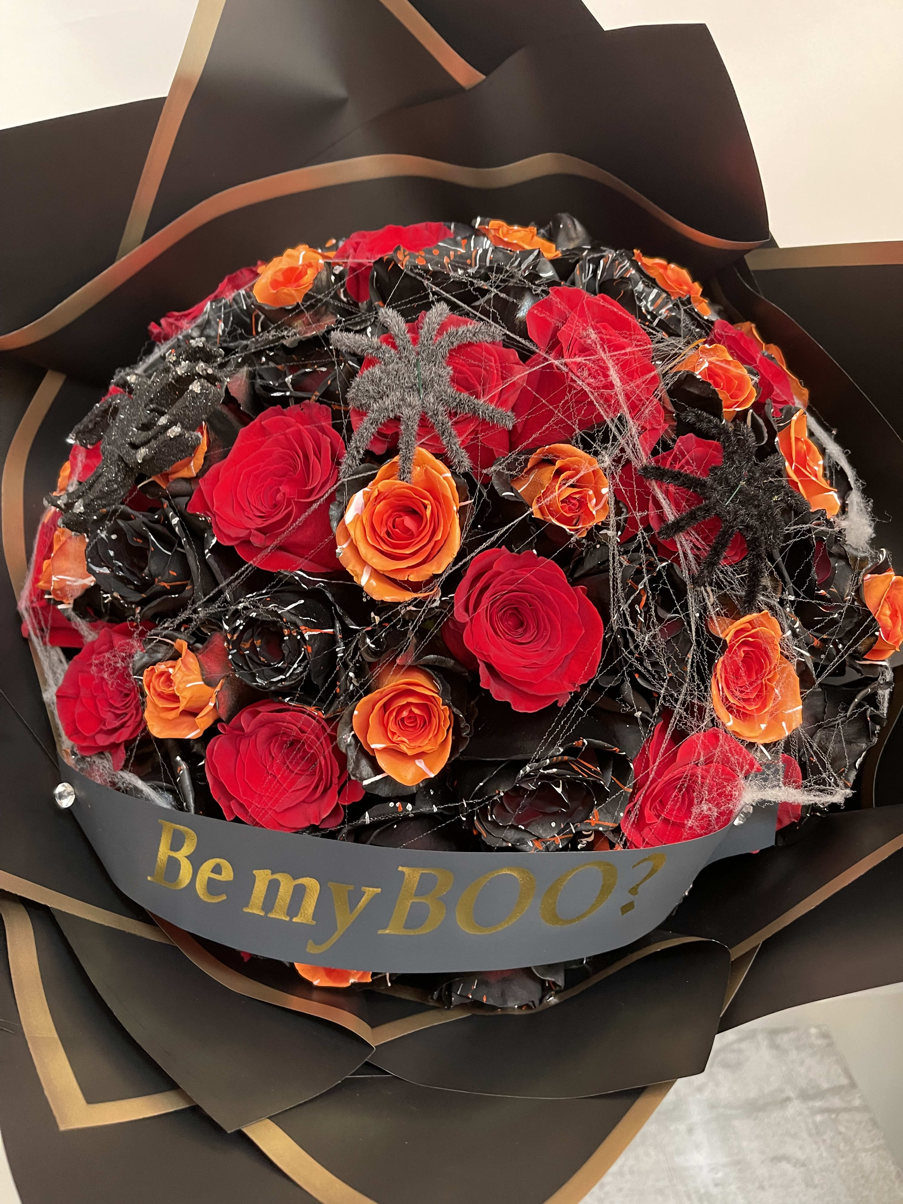 Be my BOO? Rose wrapped - Black, orange and red roses (60 roses) 