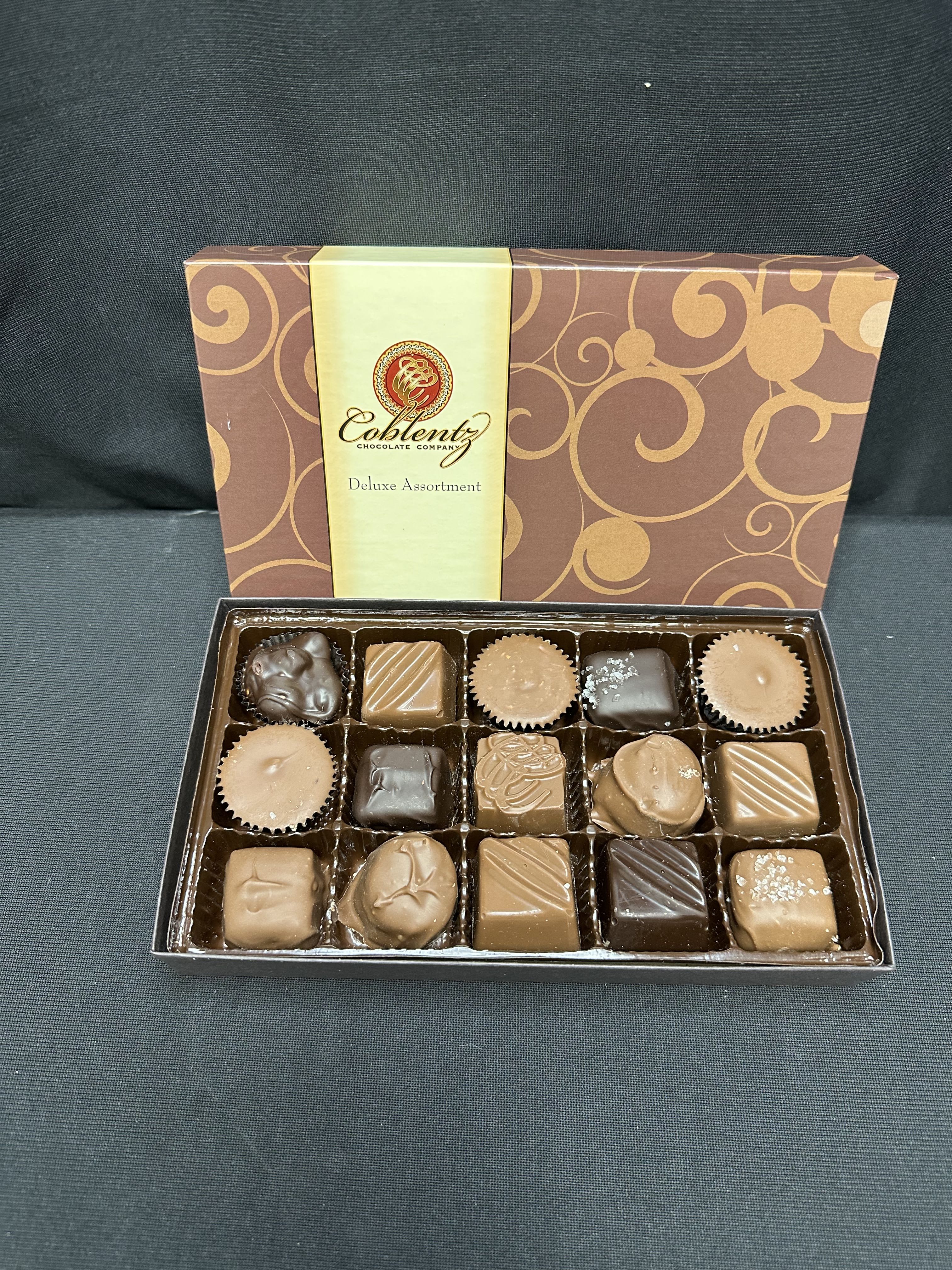 Box of assorted chocolates with the lid open