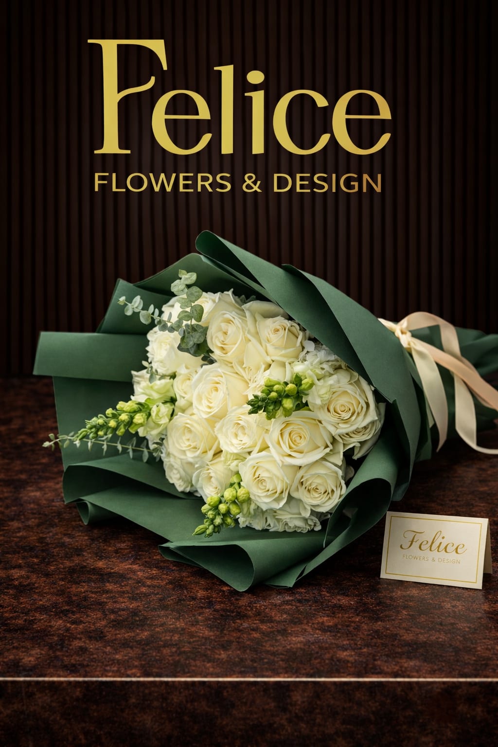 Bouquet of cream roses wrapped in dark green paper