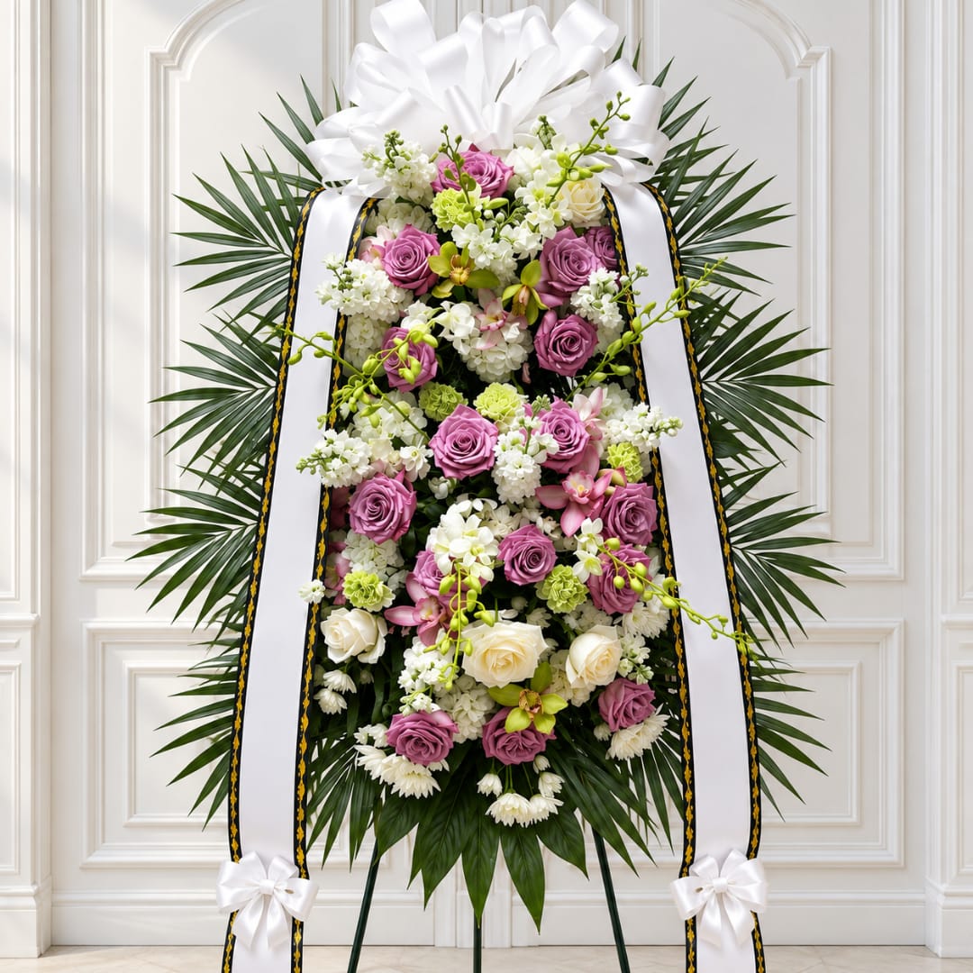 Standing floral spray with pink and white roses and a large white bow