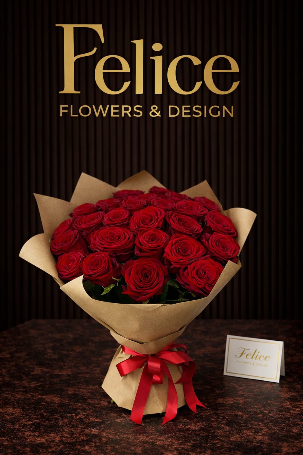 Bouquet of red roses wrapped in brown paper with a red ribbon
