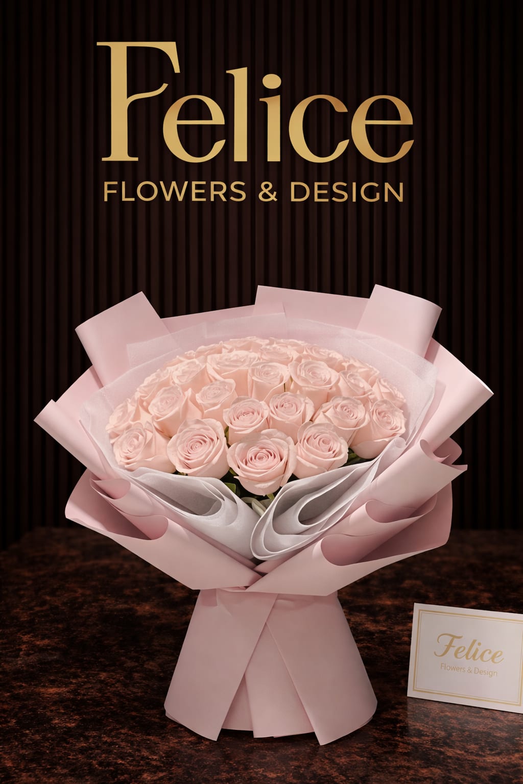 Bouquet of pale pink roses wrapped in pink paper