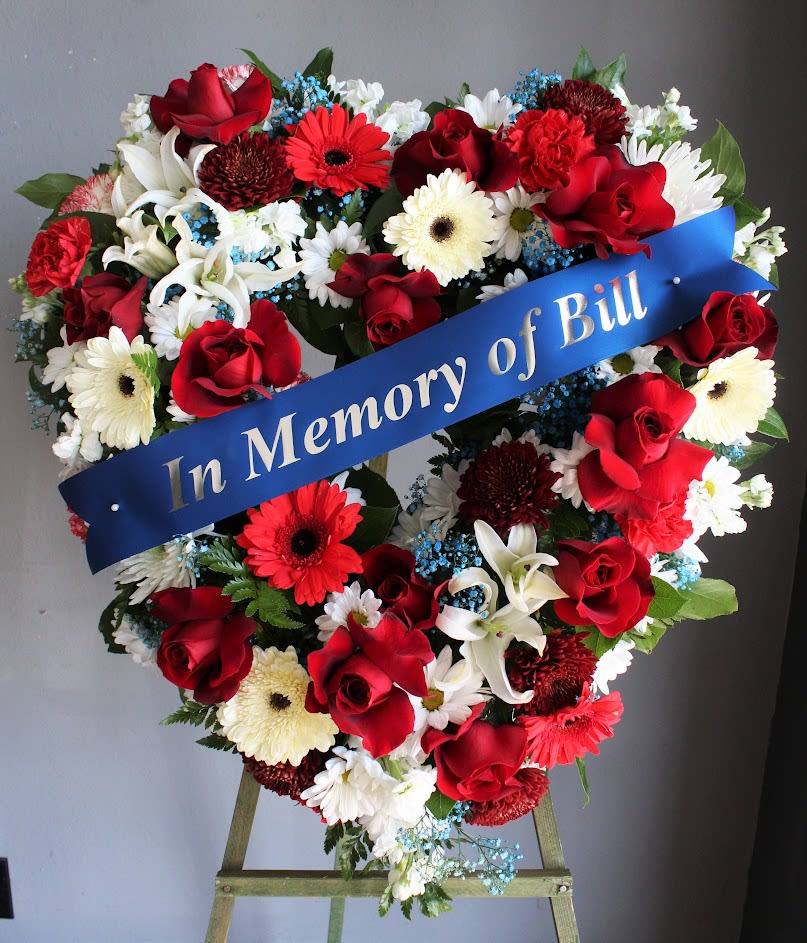 Funeral Heart Wreath 18" Heavens Heart #54  - Easel, banner and flowers included. Colors can be changed if needed 24" and 30" open heart wreaths available, please call for details.   