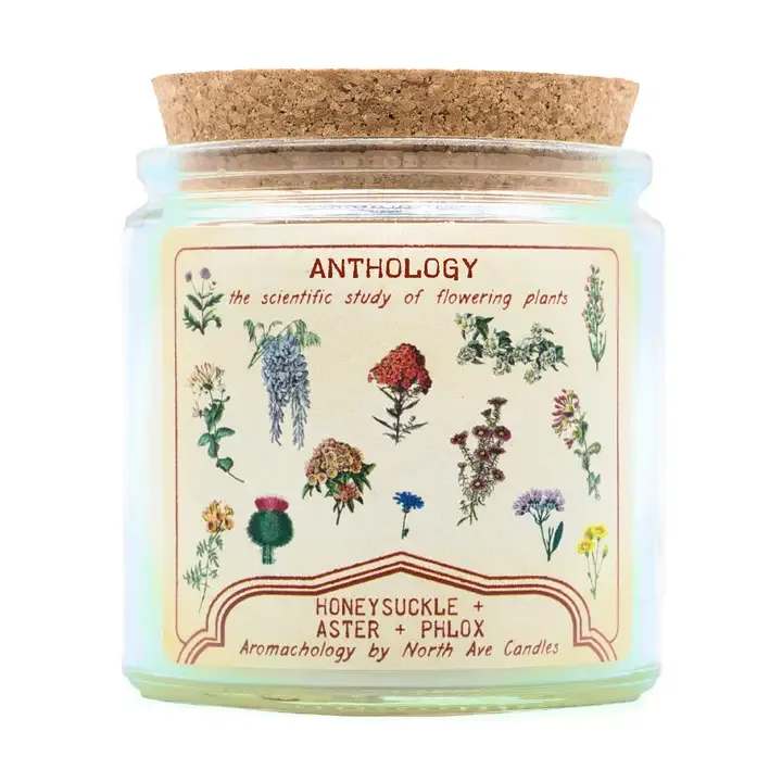 Aromachology Wildflower Candle - Anthology - the scientific study of flowering plants   Stop and smell the wildflowers!  Honeysuckle, Aster, Phlox This fragrance blend opens with the heady, nectarous scent of freshly bloomed honeysuckle; middle notes of powdery aster and verdant, green phlox; rounded out by basenotes of tonka  Label art featuring original, in-house artwork inspired by vintage field guides showcasing wildflowers of North America  Made with coconut-soy wax and poured into a cork-topped apothecary style jar made from recycled glass. Double wicked to ensure an even burn and strong scent throw.  13oz | 80+ burn hours jar dimensions  3.5" diameter 3.5" tall (before cork) finished candle with cork measures approx 4" tall   