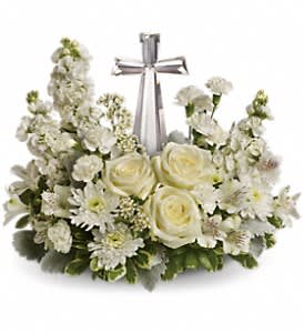 Divine Peace Bouquet - An elegant display of faith and divine peace, this beautiful arrangement will comfort the bereaved in a truly thoughtful and respectful way. An exquisite crystal cross is surrounded by a bed of lovely blossoms. It is sure to be appreciated and always remembered.