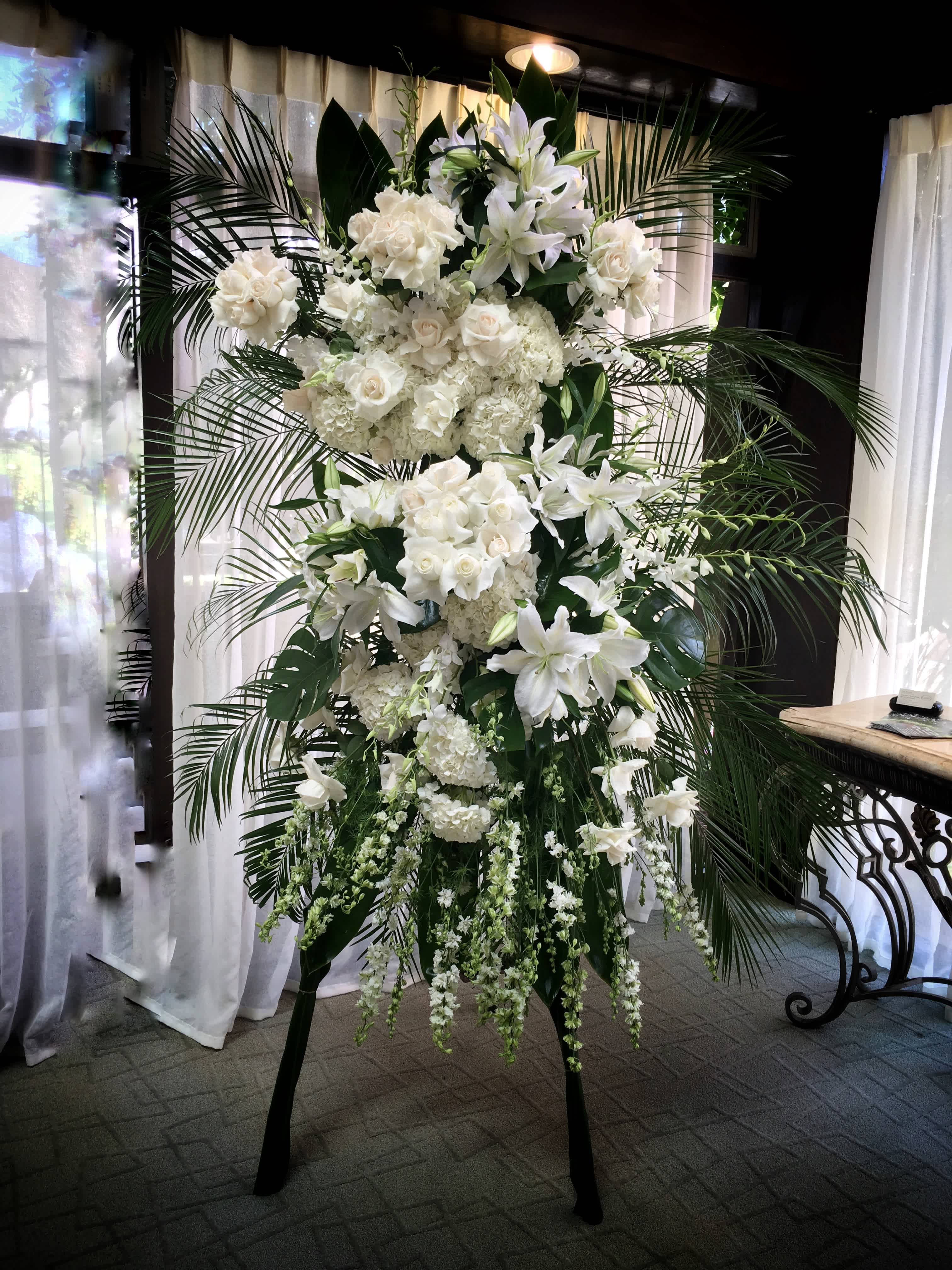 Memorial Flowers - Roses, Lilies, Hydrangeas,...and nice green leaves on tall stand.