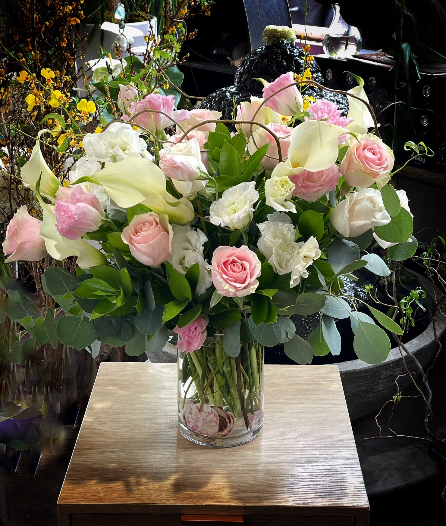 Pink Garden - Premium Roses, Calla Lilies, , Lisianthus, other flowers and nice greens in garden style.
