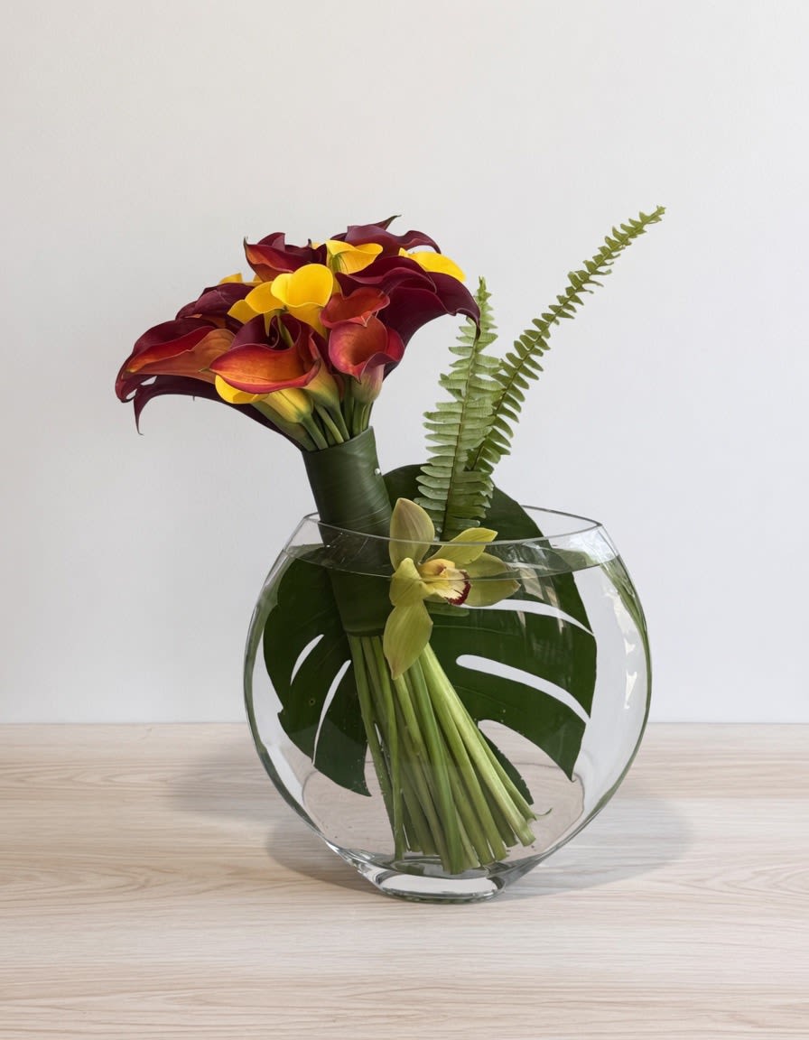 Magic Calla  - 30 premium  Calla Lilies, and nice leaves in glass vase . Size H18"xW12"