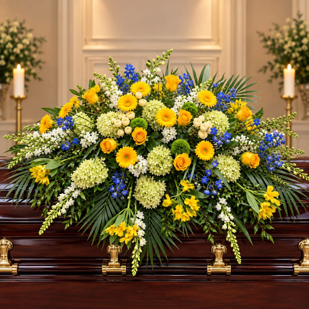Large floral spray on a casket with yellow, blue, and white flowers