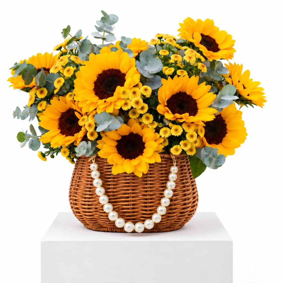 Golden Pearl Sunflower Basket - Celebrate life’s brightest moments with the Golden Pearl Sunflower Basket, a cheerful and sophisticated floral design created to make an unforgettable impression. This handcrafted arrangement features nine radiant sunflowers, petite yellow accent blooms, and fresh eucalyptus arranged inside a charming woven handbag-style basket. A strand of elegant pearl accents adds a delicate, feminine touch that beautifully complements the natural texture of the basket and the warmth of the golden flowers. Perfect for birthdays, congratulations, thank-you gifts, romantic surprises, fall celebrations, or Yellow Flowers Day, this arrangement brings sunshine and happiness to any space. Each design is carefully prepared with fresh flowers, so slight variations in bloom size, placement, and greenery may occur, making every arrangement unique. The basket can also be enjoyed as a decorative keepsake after the flowers have finished blooming. A complimentary dedication card is included, allowing you to add a heartfelt message for the recipient.