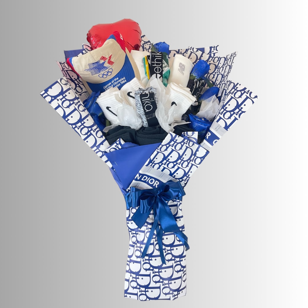 Bouquet of folded socks and small gifts wrapped in blue Dior paper