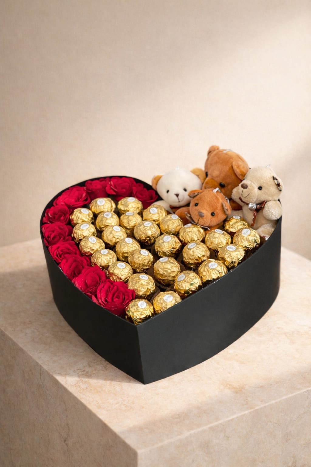 Heart-shaped gift box with red roses, gold chocolates, and small teddy bears