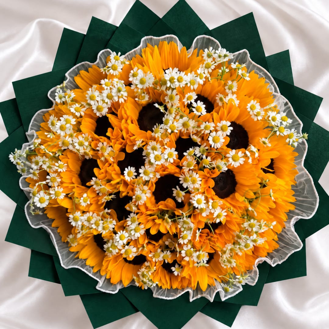 Round bouquet of orange sunflowers and small white daisies