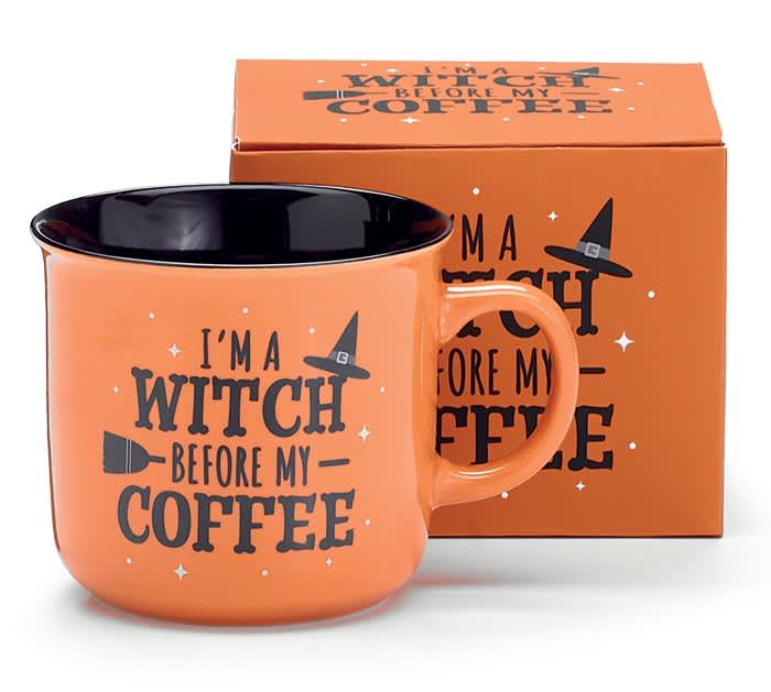 Orange Halloween mug and matching gift box with witch-themed text