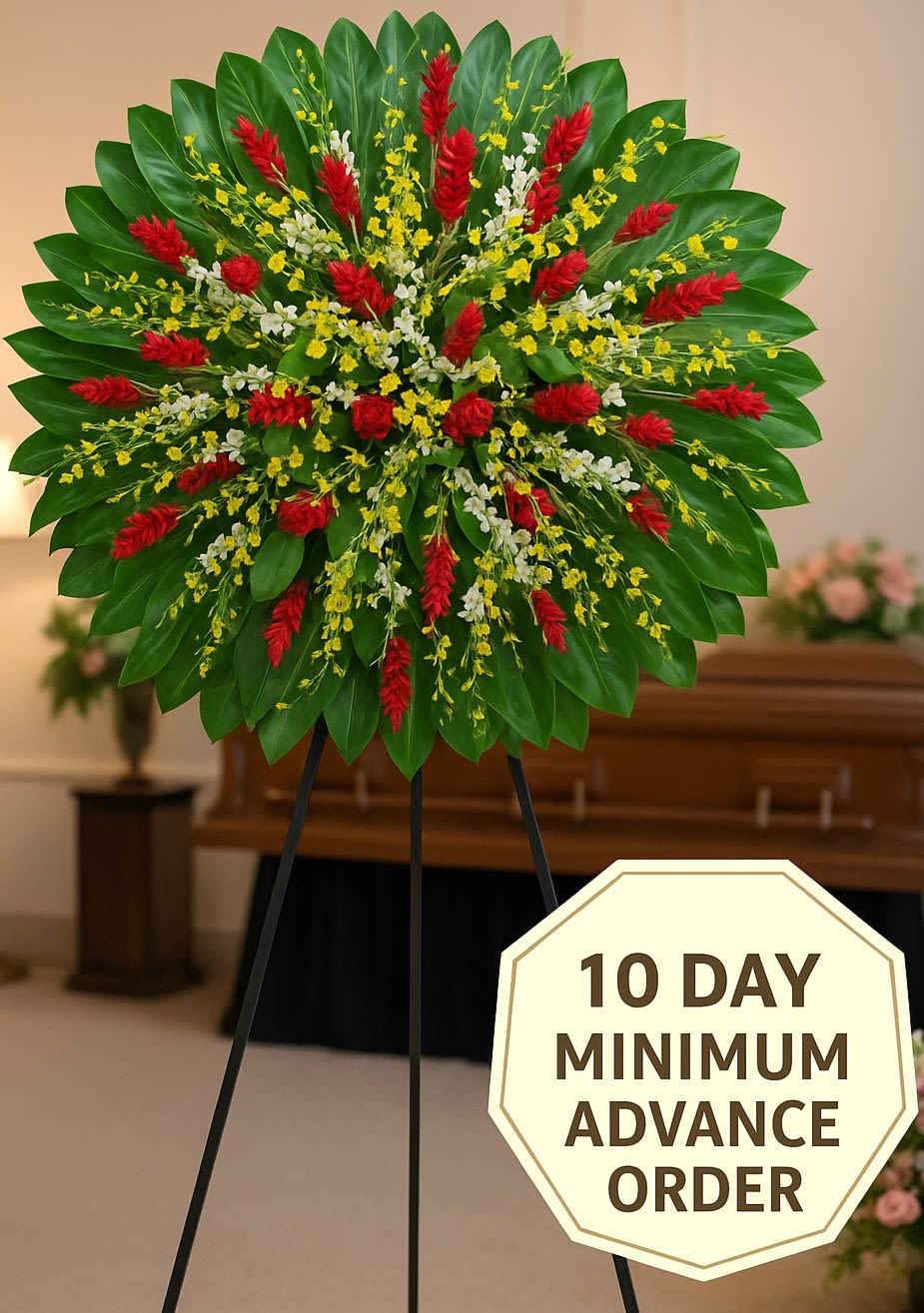 Large circular standing spray with red tropical flowers and yellow and white blooms on a green leaf backdrop