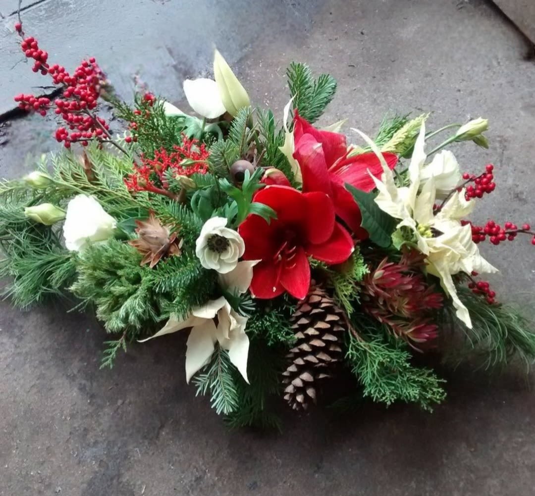 Low winter centerpiece with red amaryllis, white poinsettias, berries, and pinecones in dense evergreen foliage