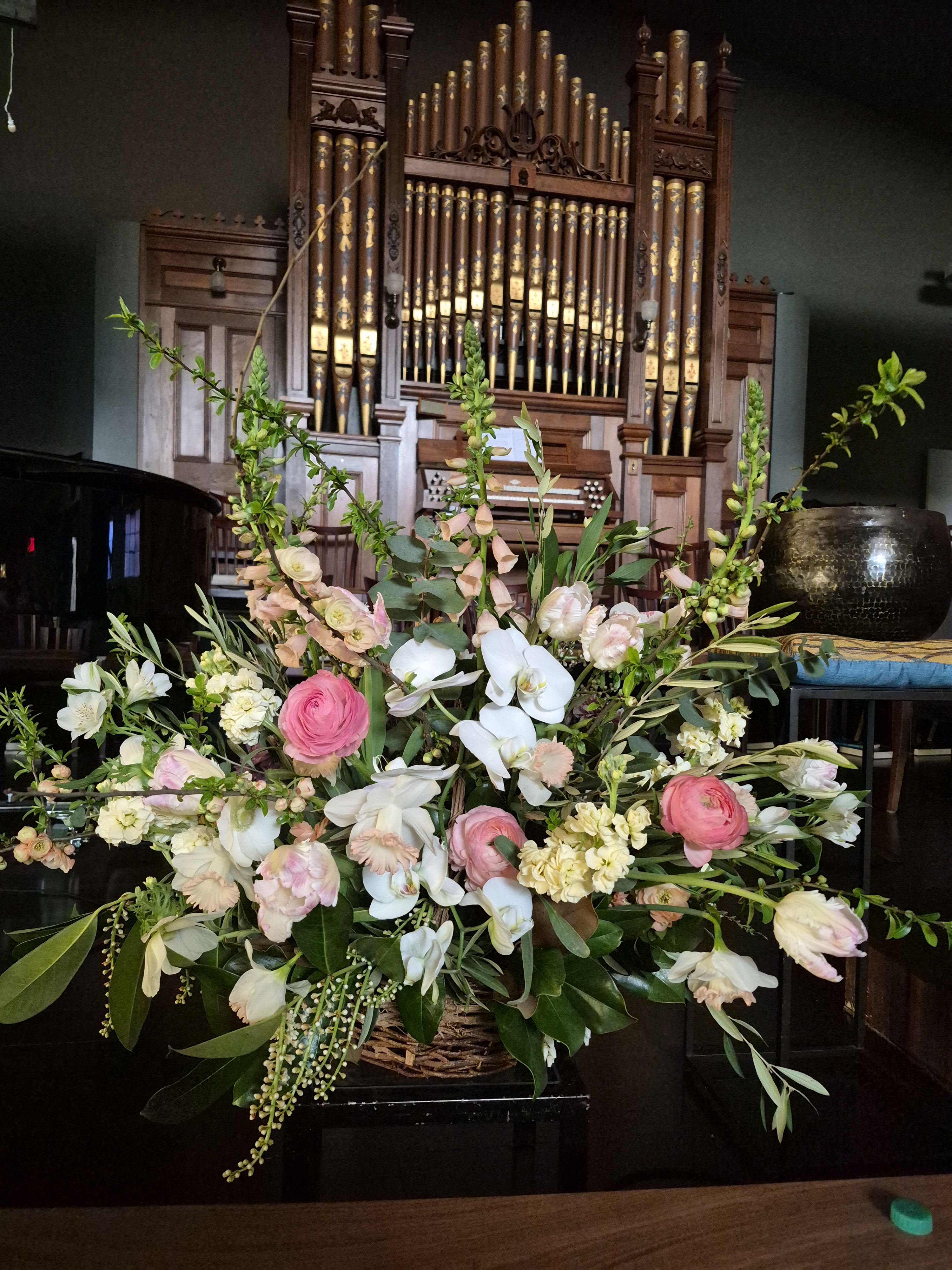 Memorial Arrangement - Large - Seasonal mix of the best flowers. Invoking a garden of peace and serenity.  ***Please note that Emerald Petals creates with the seasons. What you see pictured is a representation of our style and the general size of the bouquet, intentional substitutes will be made as needed as all of our arrangements are one of a kind like you **A clear vase will be used unless specified 