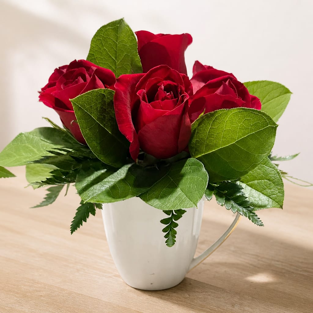 Red roses arranged in a white mug with green leaves