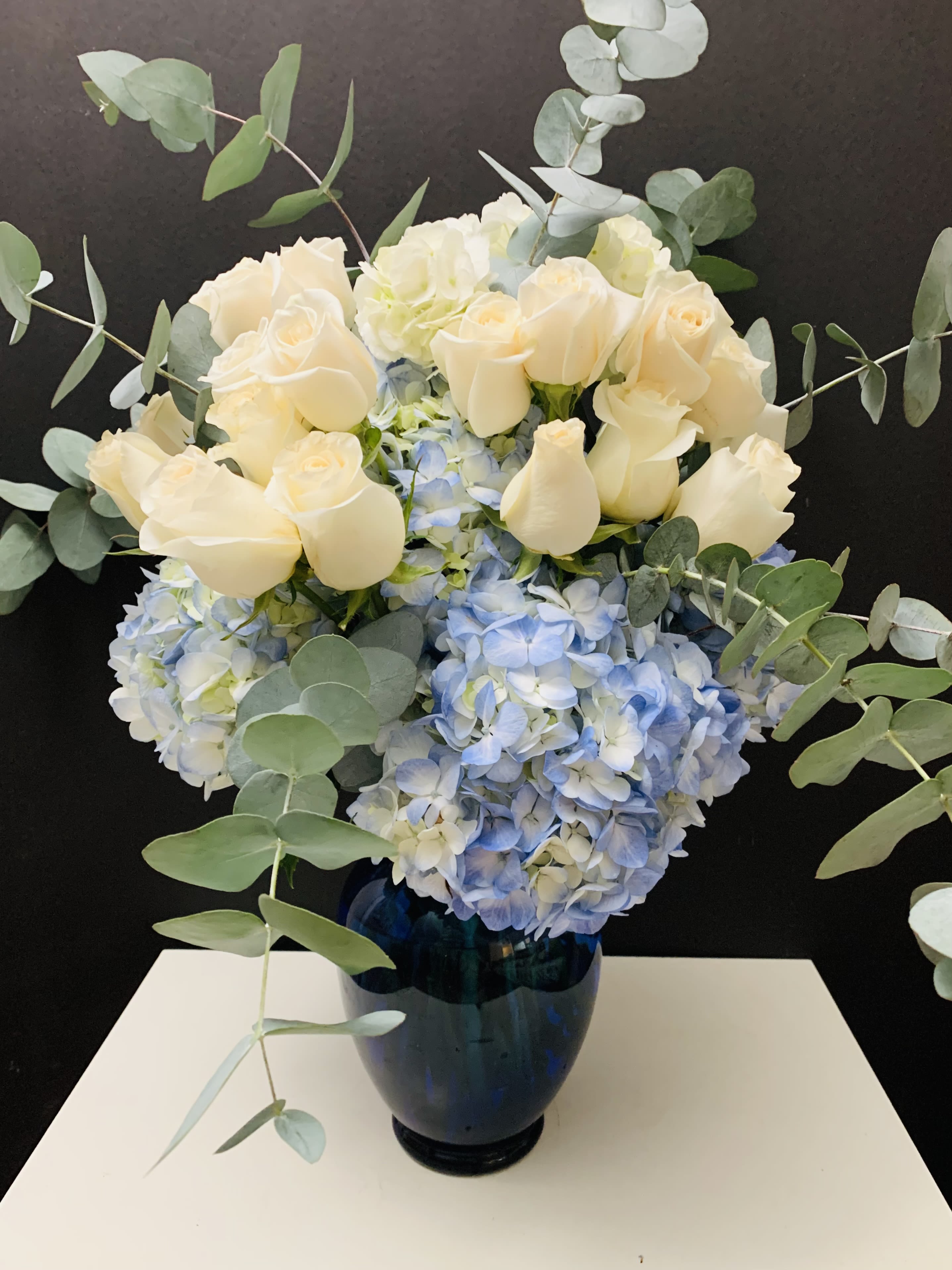 Blue and White  - Hydrangeas, Roses, green 