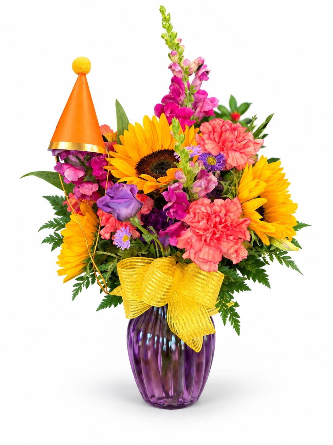 Colorful bouquet with sunflowers, pink carnations, and snapdragons in a purple vase