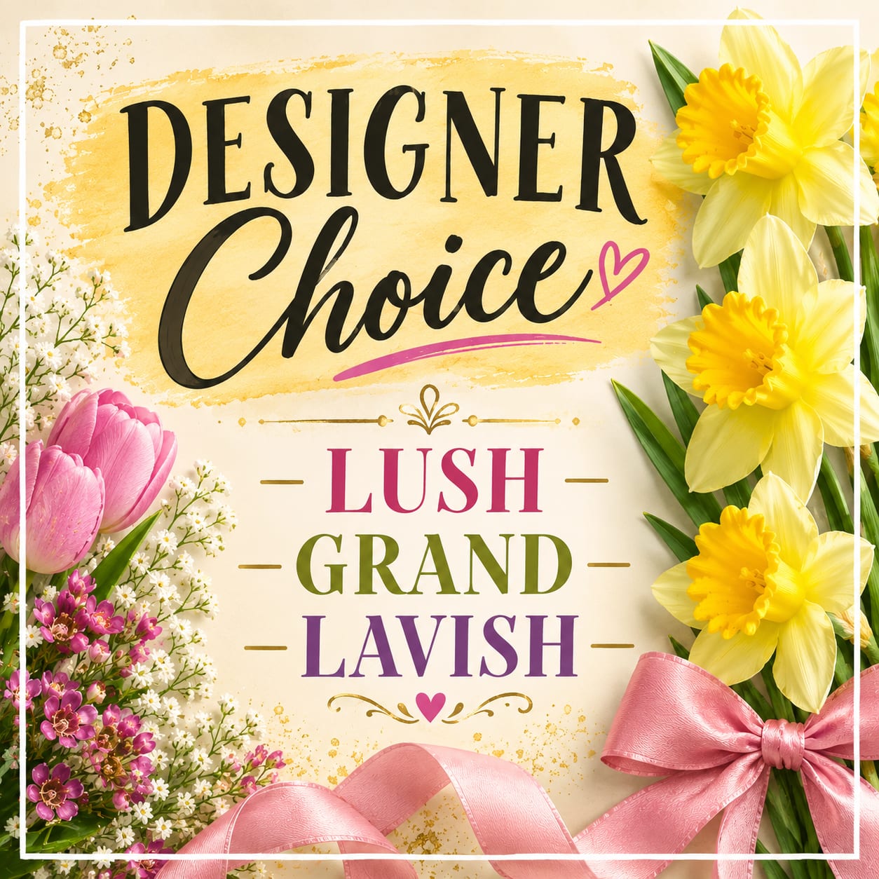 Designer Choice floral graphic with pink and yellow flowers and a pink ribbon