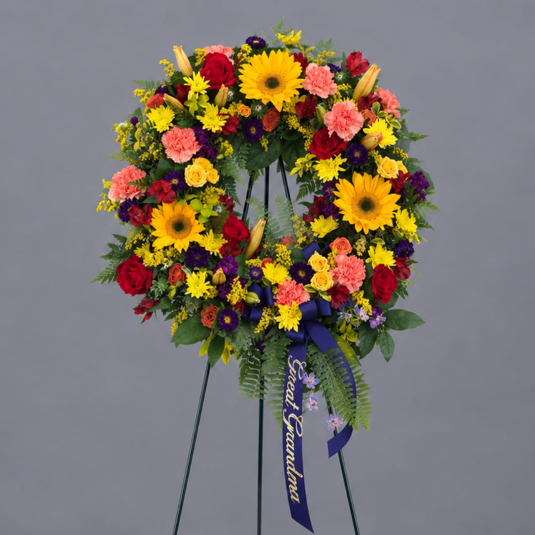 Colorful standing floral wreath on an easel with a purple ribbon