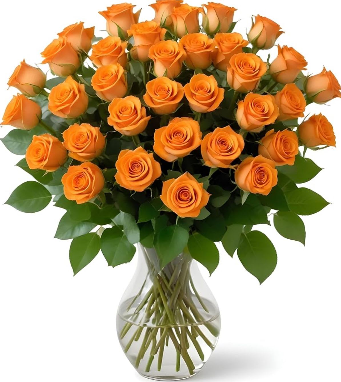 Tangerine Kisses Rose Arrangement - Tangerine Roses (large bloom) placed in glass vase with greens. Choice of 12 or 24