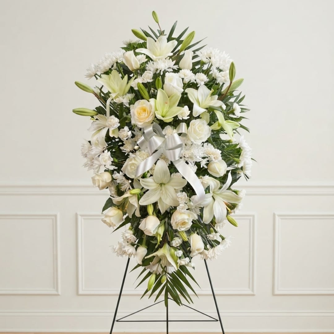 White floral standing spray with lilies, roses, and a silver ribbon on an easel