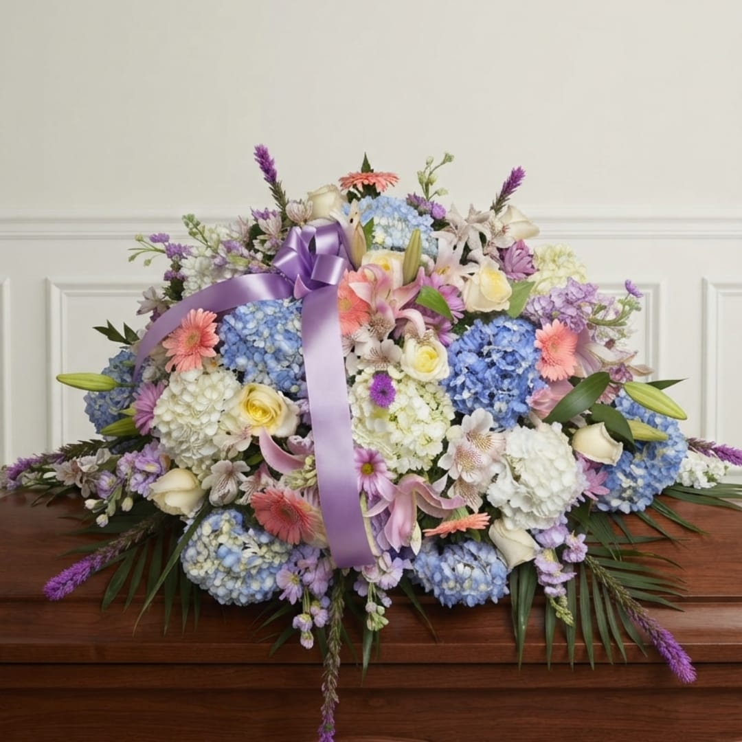 Large pastel flower arrangement with a purple ribbon on a table