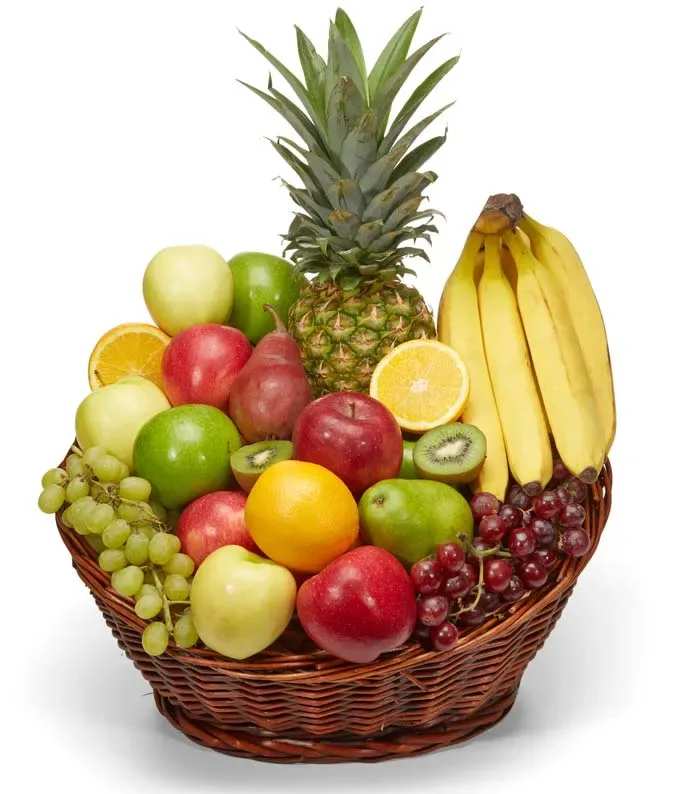 Fruit basket with pineapple, bananas, apples, grapes, oranges, and kiwi