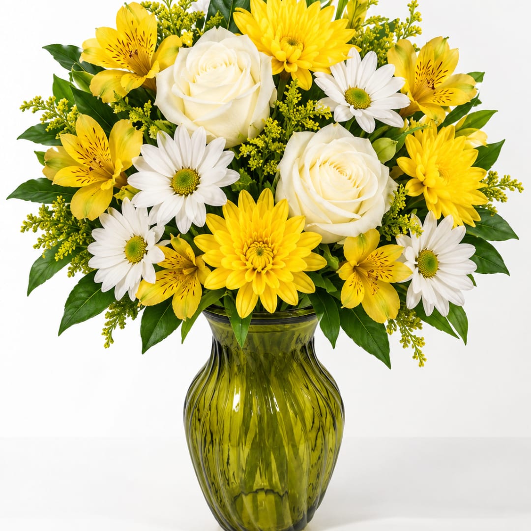 Yellow and white flowers arranged in a green glass vase