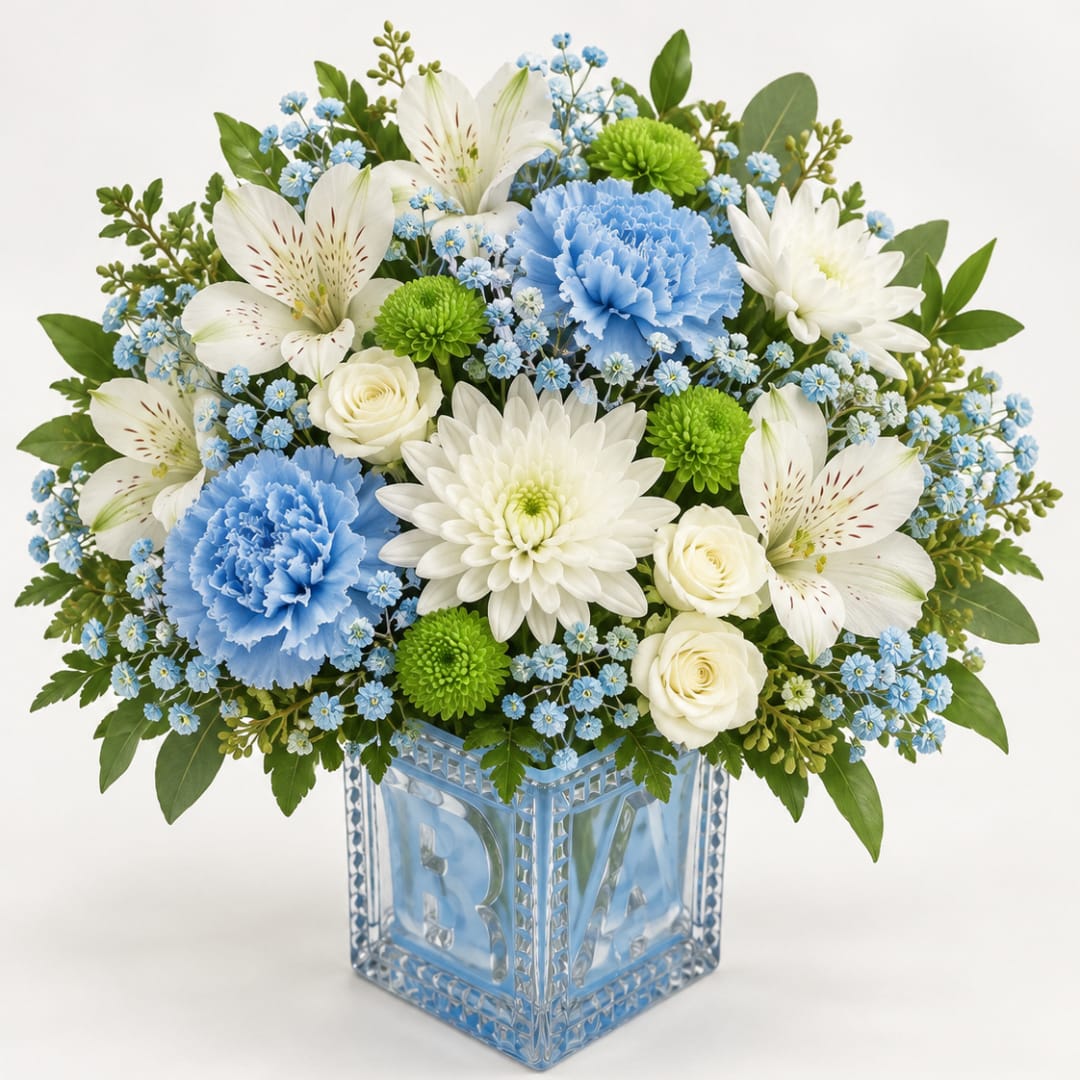 Blue and white flower arrangement in a clear glass cube vase