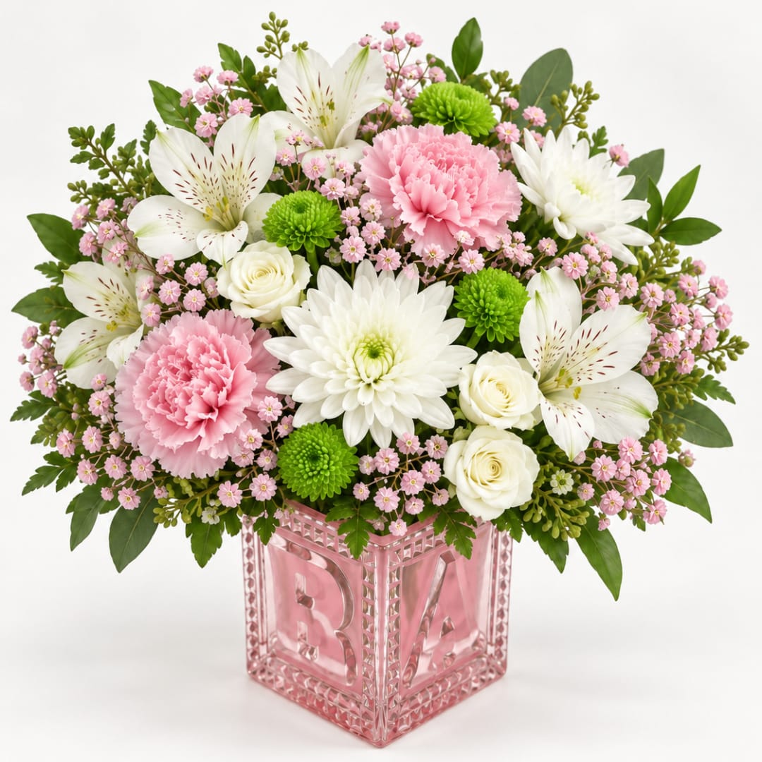 Pink and white mixed bouquet in a pink glass cube vase