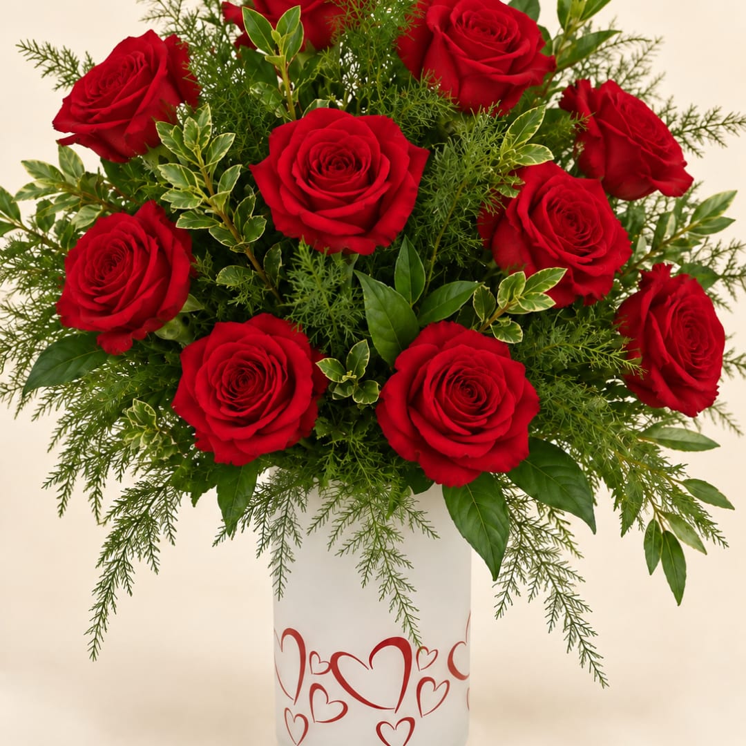 Red roses arranged in a white vase with heart designs