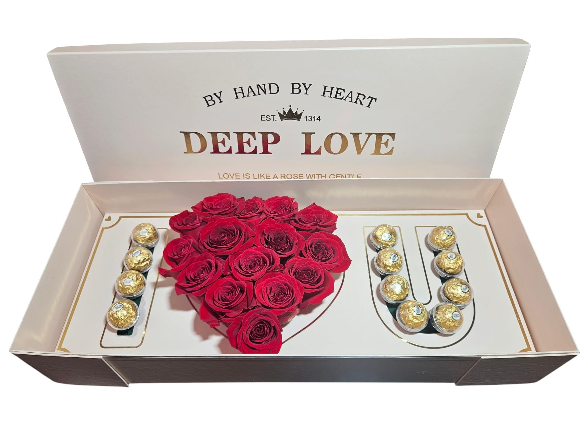 Heart-shaped red rose arrangement in a gift box with chocolates