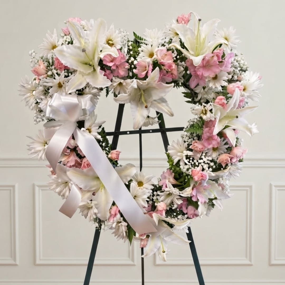 Heart-shaped floral wreath with white lilies and pink flowers on a stand
