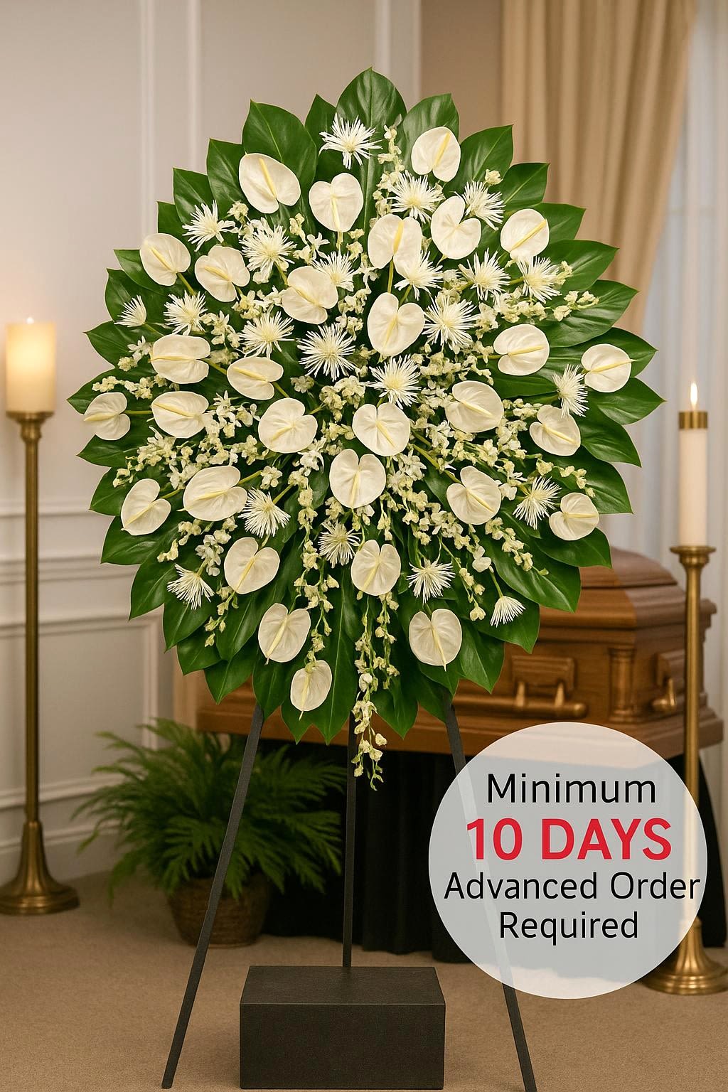 Large white standing funeral spray with heart-shaped blooms and dark green leaves on an easel before a casket
