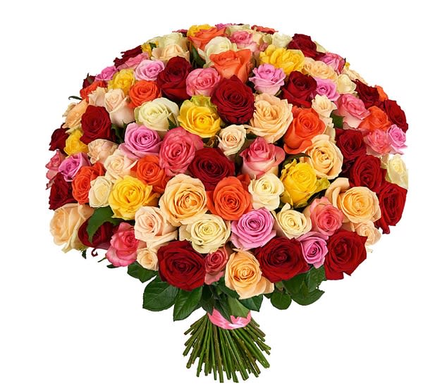 Large bouquet of multicolored roses with a wrapped stem