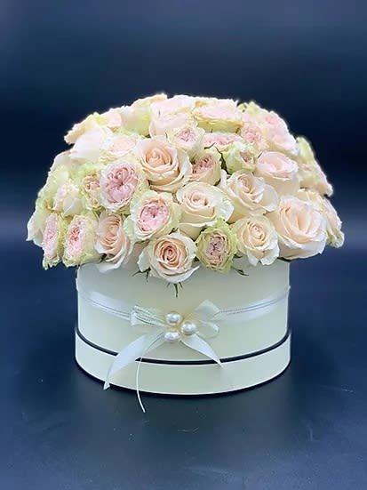 Round box arrangement of pale pink and cream roses with a ribbon bow